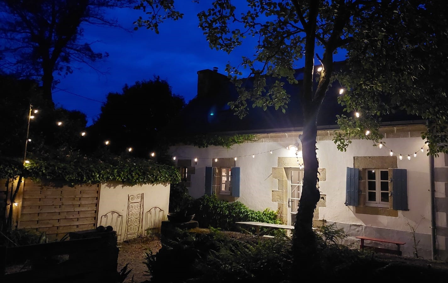 terrasse entourée de verdure et éclairée le soir